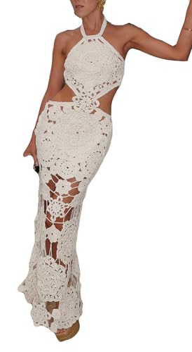 Womens Sexy Halter Sleeveless Solid Color Backless Crochet Hollow Beach Package Hip Dress Vacation Dress