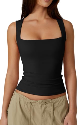 QINSEN Women's Square Neck Sleeveless Double-Layer Tank Tops Basic Tight T Shirts Black S