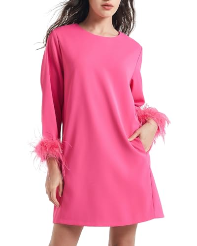 D-Sun Women Feather Dress Round Neck Casual 3/4 Feather Sleeves Party Dress Elegant Wedding Guest Cocktail Mini Dresses Rose Red