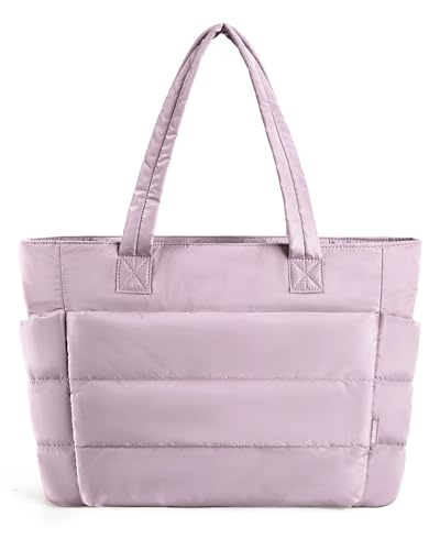 BAGSMART Tote Bag for Women, Lightweight Puffy Tote Bag with Compartments Shoulder Bag Handbag Quilted Shoulder Bag Handbag for Travel, Work, Beach, Gym, Shop(Pinkish-purple)