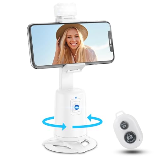 Auto Face Tracking Tripod 360° Rotating Cell Phone Photo and Video Kits Stand, No App, Camera Stand with Remote and Gesture Control, Rechargeable Smart Shooting Stand for Live Recording Tiktok (White)