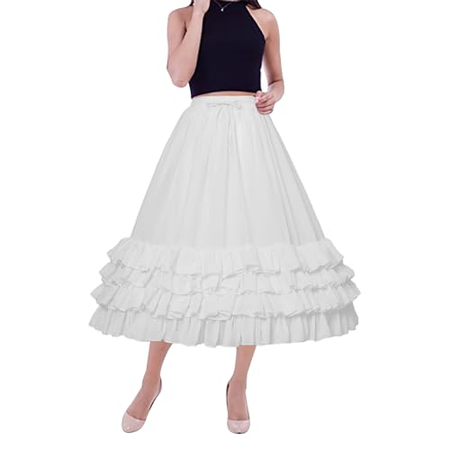 YULUOSHA Women Crinoline Petticoat Hoop Skirt Ball Gown Chiffon Ruffled Layered Lolita Underskirt Half Slips for Wedding Cosplay Sweet Victorian Dress-White