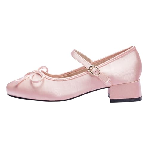 Zeberfi Women's Satin Bow Tie Low Chunky Heel Mary Jane Pumps Fashion Square Toe Shallow Mouth Adjustable Buckle Strap Low Block Heels Business Wedding Ballet Dress Shoes (Pink,8.5)