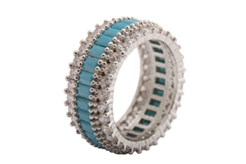 New Special Design ! Turkish Handmade Jewelry Baguette Shape Turquoise and White Topaz 925 Sterling Silver Rhodium Band Ring Size Options