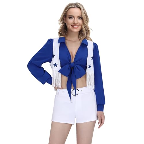 Womens Blue Star Cheerleading Uniform High School Cowboys Cheerleader Costume Sports Team Top Shorts Set Halloween Outfit (X-Large)