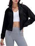 UANEO Womens Athletic Cropped Jacket Zip Up Long Sleeve Workout Tops Gym Yoga Running Sports Shirts Jackets(Black-M)