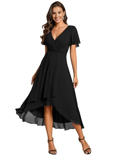 Ever-Pretty Women's Chiffon Formal Dresses V Neck Ruffle Sleeves Pleated High Low Summer Wedding Guest Dress Black US10