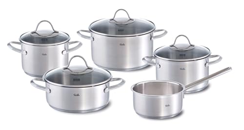 Fissler Palermo Stainless Steel Saucepan Set of 5 Pots with Glass Lids (3 Saucepans, 1 Stewing Pan, 1 Saucepan) - Induction