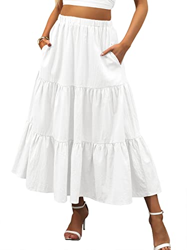 ANRABESS Women’s Summer Boho Flowy Swing Tiered A-Line Maxi Skirt 2025 Fashion Trendy Elastic Waist Pleated Long Beach Dress with Pockets White Medium