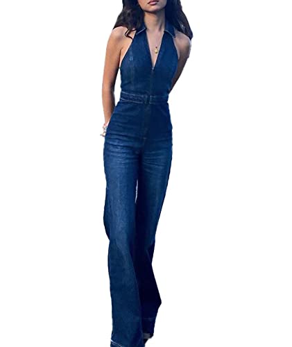 SEMATOMALA Women's Sleeveless Y2K Jean Jumpsuit Flared Leg Pants Romper Halter Tank Top Denim Catsuit Maxi Overall(BE,S)