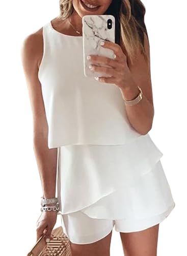 Dokotoo Womens Ladies Fashion 2024 Elegant Summer Casual Sexy Off Shoulder Halter Neck Ruffle Chiffon Sleeveless One Piece Short Romper Jumpsuits,White Large