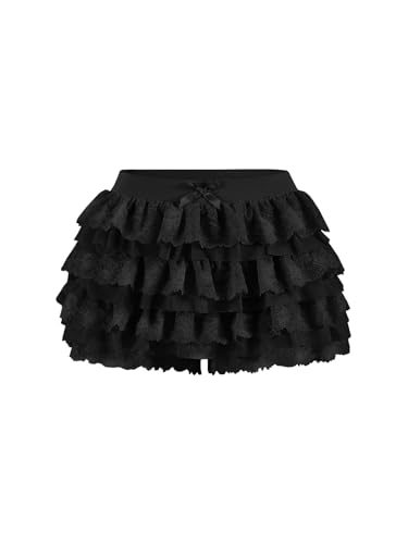 Women Y2K Lace Multi-Layered Bloomers, Lolita Ruffle Shorts, Sexy Short Pumpkin Pants, Elastic Waist Sweet Pettipants (US, Alpha, Large, Regular, Regular, Black)