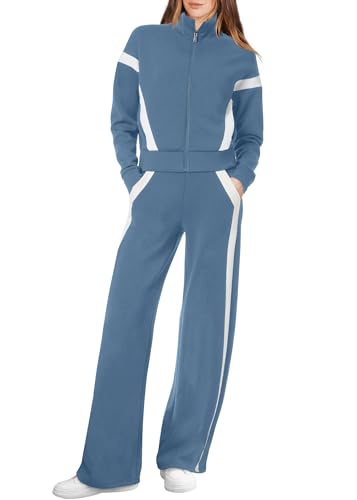XIEERDUO Lounge Sets for Women 2 Piece Long Pants Sweatshirt Fall Winter Outfits Tracksuit Haze Blue Color Block S