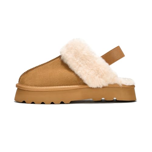 Project Cloud Genuine Suede Slippers for Women Indoor & Outdoor Disquette Womens Sandals Memory Foam Clogs for Women Shoes - Fur Water-Resistant House Shoes for Women Footwear (Slingy, Chestnut, 8)