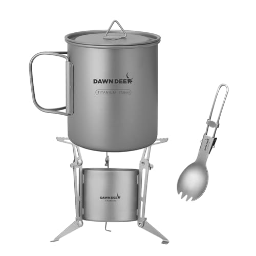 Dawn Deer Titanium Backpacking Stove System, Cup/Portable Alcohol Stove/Foldable Spork -750ml Camping Combo (Titanium Combo Set)