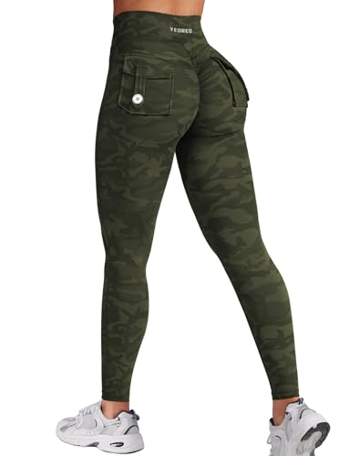 YEOREO Leggings with Pockets for Women Charm Scrunch Workout Leggings V Cross Waist Butt Lifting Gym Yoga Pants Army Green Camo M