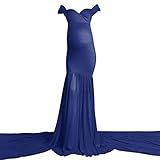 Women Maternity Dress for Photography Mermaid Off Shoulder Elegant Fitted Chiffon Gown Baby Shower Pregnancy Maxi Dresses for Photoshoot Ruched V Neck Long Slim Fit Flowy Photo Props Dress Dark Blue