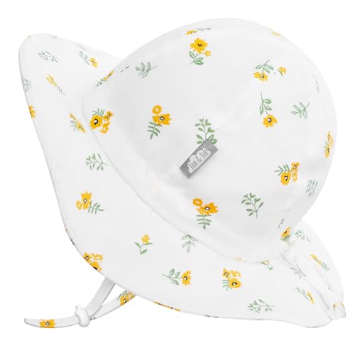 JAN & JUL Cotton Foldable Baby Newborn Sun-Hat for Girl with Strap (S: 0-6 Months, Yellow Flower)