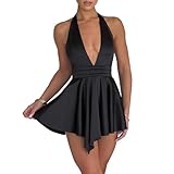 LuFeng Women's Sexy Sleeveless Halter Deep V Neck Backless Tie Back Waist Flowy Drape Satin Cocktail Mini Dress Black