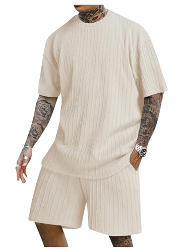 COZYEASE Men's 2 Piece Outfits Short Sleeve Crewneck Summer T Shirt and Drawstring Casual Track Shorts Set Apricot XX-Large