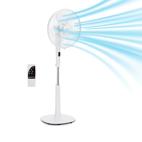 Amazon Basics 16" DC Motor Fan, 12 Speed Fan with Remote, Floor Fan, Standing Fan with 3 Breeze Modes, Dual-Layered Blades (10 Blades), Timer, Energy Efficiency and Quiet DC Motor (28W), White