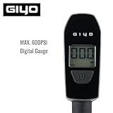 GIYO Digital Shock Pump 600 PSI – Turbo-Assist for Easy Inflation, Micro Air-Bleeder, Robust Aluminum Barrel, Comfort Grip & Braided Hose, Ideal for Fork & Rear Suspension GS-52L