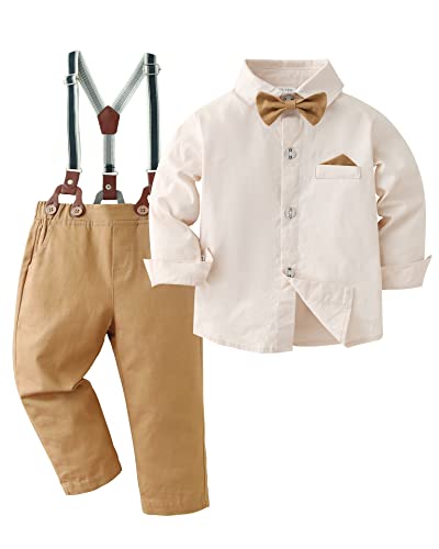 DISAUR Matching Family Outfits Apricot Brown Long Sleeve Dress Shirt Bow Tie Suspender Pants Boys Church Outfit 4t 5t 4-5t