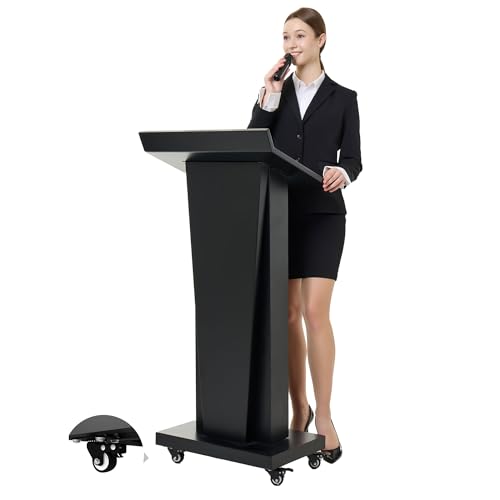 BERPET Podium Stand with 4 Locking Wheels, Lecterns & Podiums for Church School Office Conference Home, Heavy Duty Metal, Large Storage Area, Slant Desktop, 50.4" H