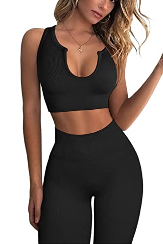 QINSEN Workout Leggings for Women High Waist,Seamless Workout Bra 2 Piece Outfits Set 03 Black M