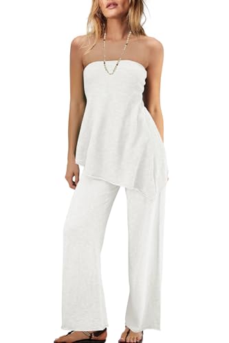 Panadila Womens Off Shoulder Sweater Set 2 Piece Outfits Summer Vacation Knit Matching Lounge Set Tube Top and Pants Set(White,M)