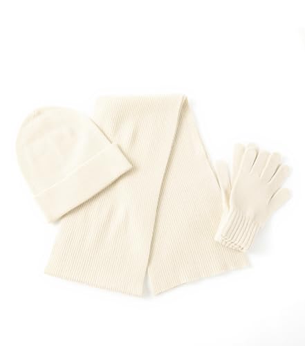 Unisex 3Pcs Cashmere Wool Scarf Hat Gloves Set, Soft Ribbed Cuffed Beanie Glove Scarves Set for Men and Women with Gift Box (White)