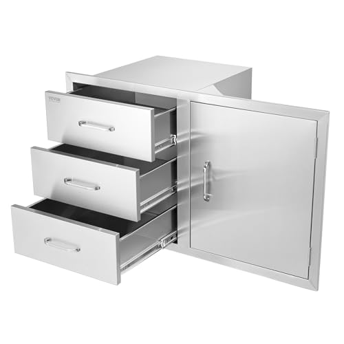 VEVOR BBQ Island Drawers 38.1W x 22.6H x 20.8D, Outdoor Kitchen Door Drawer Combo Cabinets, BBQ Access Door/Triple Drawers Combo, Stainless Steel Handles, Perfect for BBQ Island Patio Grill Station