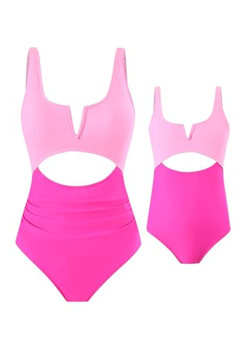 GRASWE Mom and Daughter V Neck Bikini Beachwear Summer Stretch Swimwear Cutout Cozy Bathing Suits Hot Pink XL