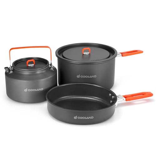 Odoland Camping Cookware Mess Kit, 4-Piece Set with Pot, Fry Pan, Kettle, and Mesh Bag, Aluminum, Black, Compact, for 3-4 People, Outdoor Cooking and Picnic
