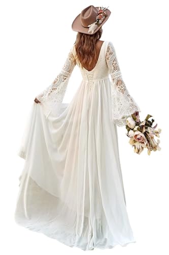 Lace Boho Wedding Dresses with Sleeves for Women 2025 Ivory Beach Wedding Gowns for Bride Winter Country Wedding Dress Bohemian Bridal Gowns for Bride Size 16