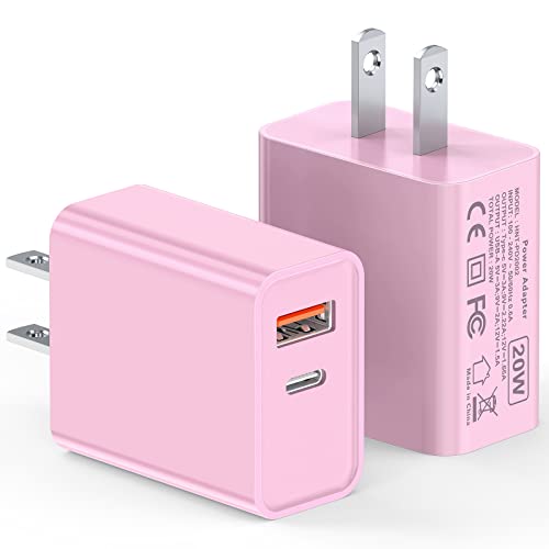 20W USB-C Wall Charger, [2 Pack] Fast Charge Power Brick Cube for iPad, iPhone, iPod, Samsung Galaxy, Moto, Huawei, HTC, LG, Nokia, PlayStation5, PD+QC3.0 Dual Port Charging Box Cube Block, Pink