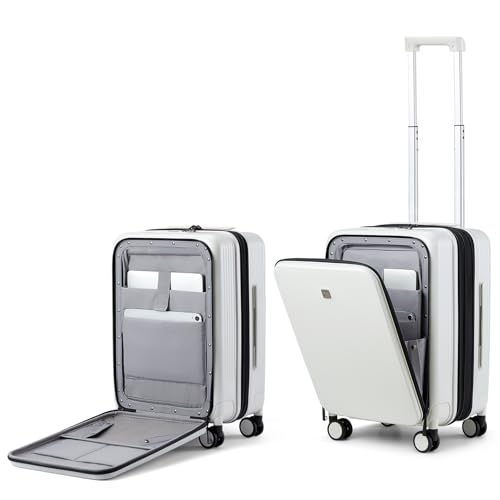 Hanke Grace Expandable Carry On Luggage with Wheels Airline Approved Hard Shell Suitcases with Front Pocket，Top Opening Luggage with TSA Lock for Short Business Travel, Smoke White.