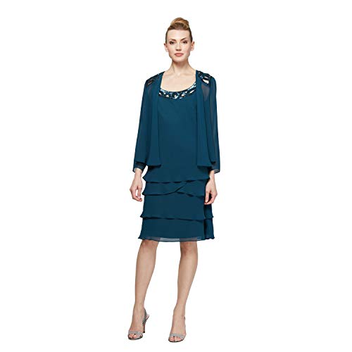 S.L. Fashions Women's Missy Mother of The Bride Jacket Dress with Sequined Cut Out Shoulder (Petite and Regular Sizes), Mid Teal, 14
