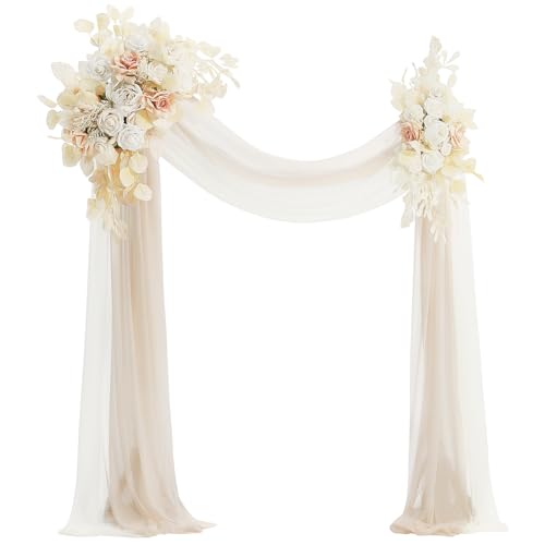 Floroom Arch Flowers with Drapes Kit (Pack of 4) - 2pcs Artificial Cream Floral Swag Arrangement with 2pcs Draping Fabric for Wedding Ceremony Arbor and Reception Backdrop Decoration