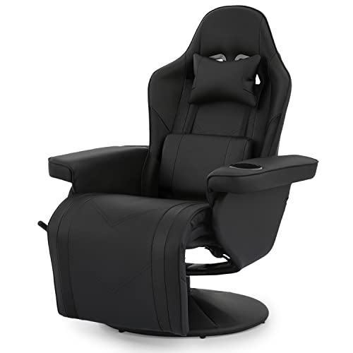 Magshion Swivel Gaming Recliner with Lumbar Support for Adults Teens, PU Leather Seat Adjustable Reclining Gaming Chair with Headrest, Footrest and Cup Holder for Living Room, Black