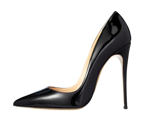 Qunvngutui Women's Pointed Toe Shallow Stiletto Heels 4.7 Inch Pumps Wedding Party Banquet Shoes Black Patent Leather US8