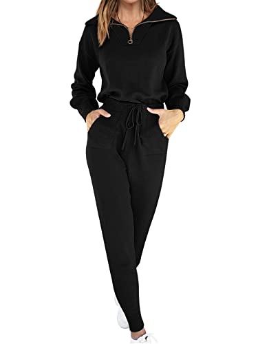 ANRABESS Women's Two Piece Outfits Sweater Sets Long Sleeve Zip Up Knit Pullover Jogger Pants Tracksuit 2024 Fall Lounge Sets Black Medium