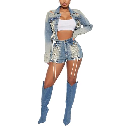 Mandonce Denim Outfits For Women Long Sleeve Lapel Strappy Ripped Jeans Jacket and High Waist Vintage Jeans Shorts Trendy