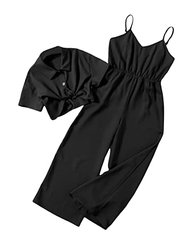 OYOANGLE Girl's 2 Piece Outfits Short Sleeve Button Down Shirt Crop Top And Wide Leg Pants Jumpsuit Set Black 13-14Y