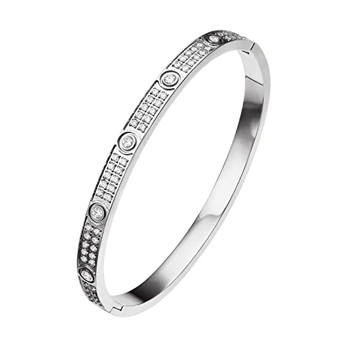Love Friendship Bracelets Bangle Gold Silver with Cubic Zirconia Stainless Steel Jewelry Oval Bracelet Birthday for Her Women with Gifts Box (Silver, Stainless Steel)