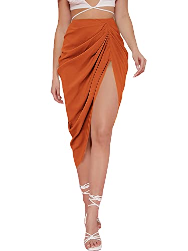 WDIRARA Women's Split Front High Waist Ruched Zip Back Bodycon Midi Skirt Burnt Orange L