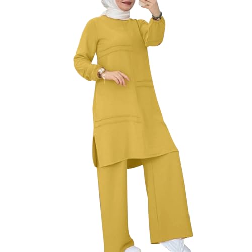 ODIZLI Women's Muslim 2 Pieces Sets Long Sleeve Top Dress and Pants Dubai Abaya Outfits Long Abaya for Women Eid Ramadan Church Prayer Dress for Islamic Arabic Dubai Modest Clothes Yellow CC L