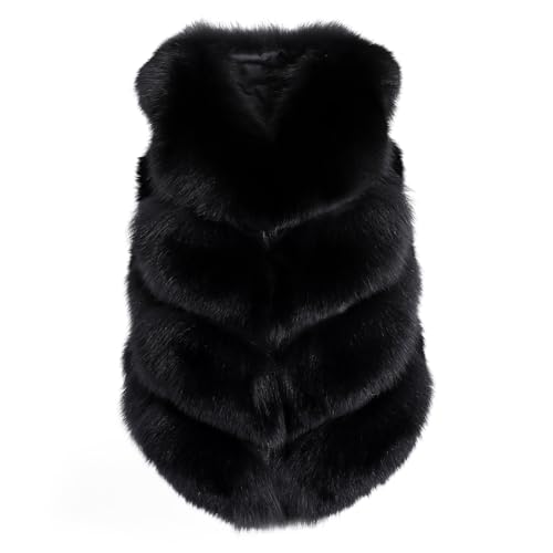 BOONJOVIA Women's Genuine Fox Fur Vest Sleeveless Coat Thick Warm Winter Fluffy Fur Jacket Short (US, Numeric, 10, Regular, Regular, Fox Fur Black)