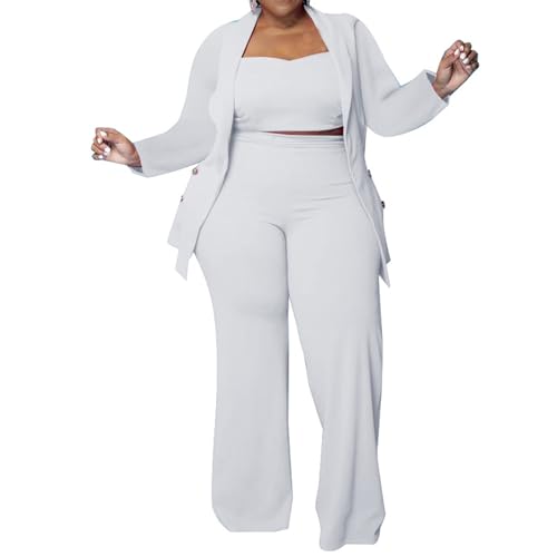 IyMoo Women's Plus Size Tracksuit Winter Autumn Long Sleeved Blazer Jacket Long Pants Suits Three Piece Sets Outfit White 3X