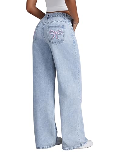 Fulihug Teen Girls Wide Leg Jeans 10-12 Elastic Waisted Y2K Cute Bow Embroidery Baggy Denim Pants with Pockets Light Blue